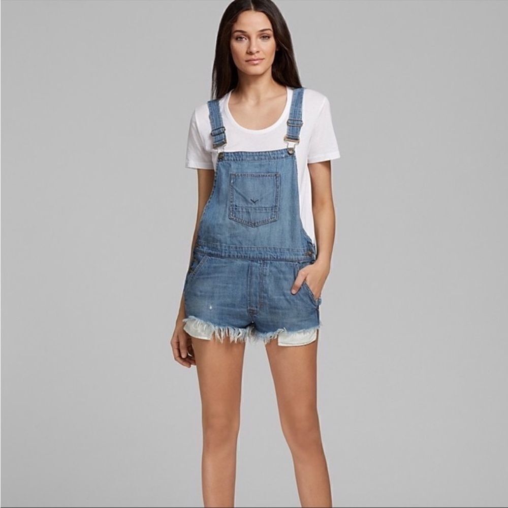 Hudson Florence Factory Blue Distressed Denim Frayed Shortalls Festival Concert